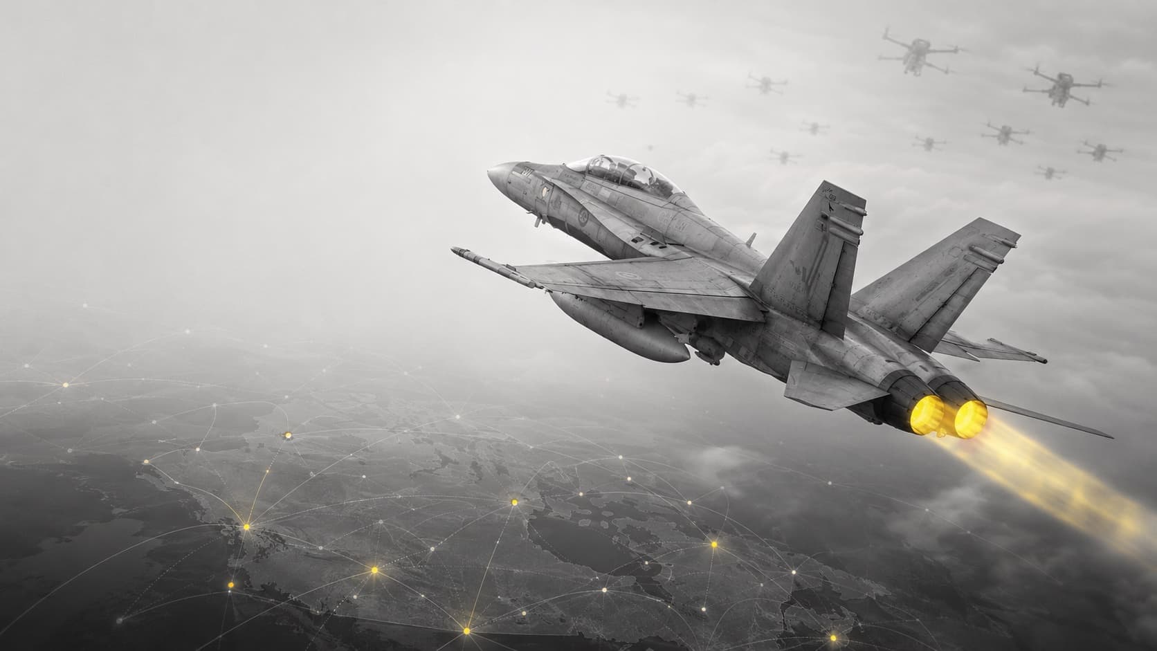 Illustration of a fighter aircraft and drone network above a connected map of Canada.