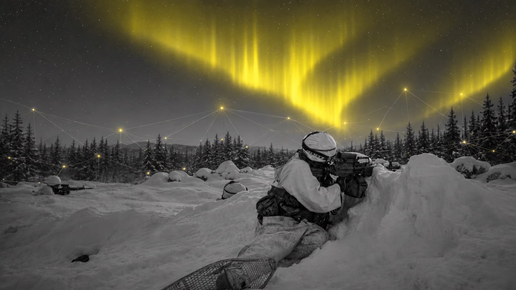 Canadian soldiers operating in Arctic winter terrain beneath an illuminated communications network.