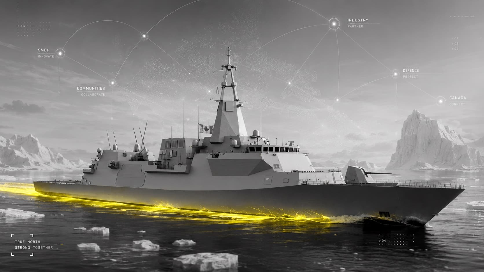 Conceptual Canadian naval vessel connected to industry, defence, community, and national partners.