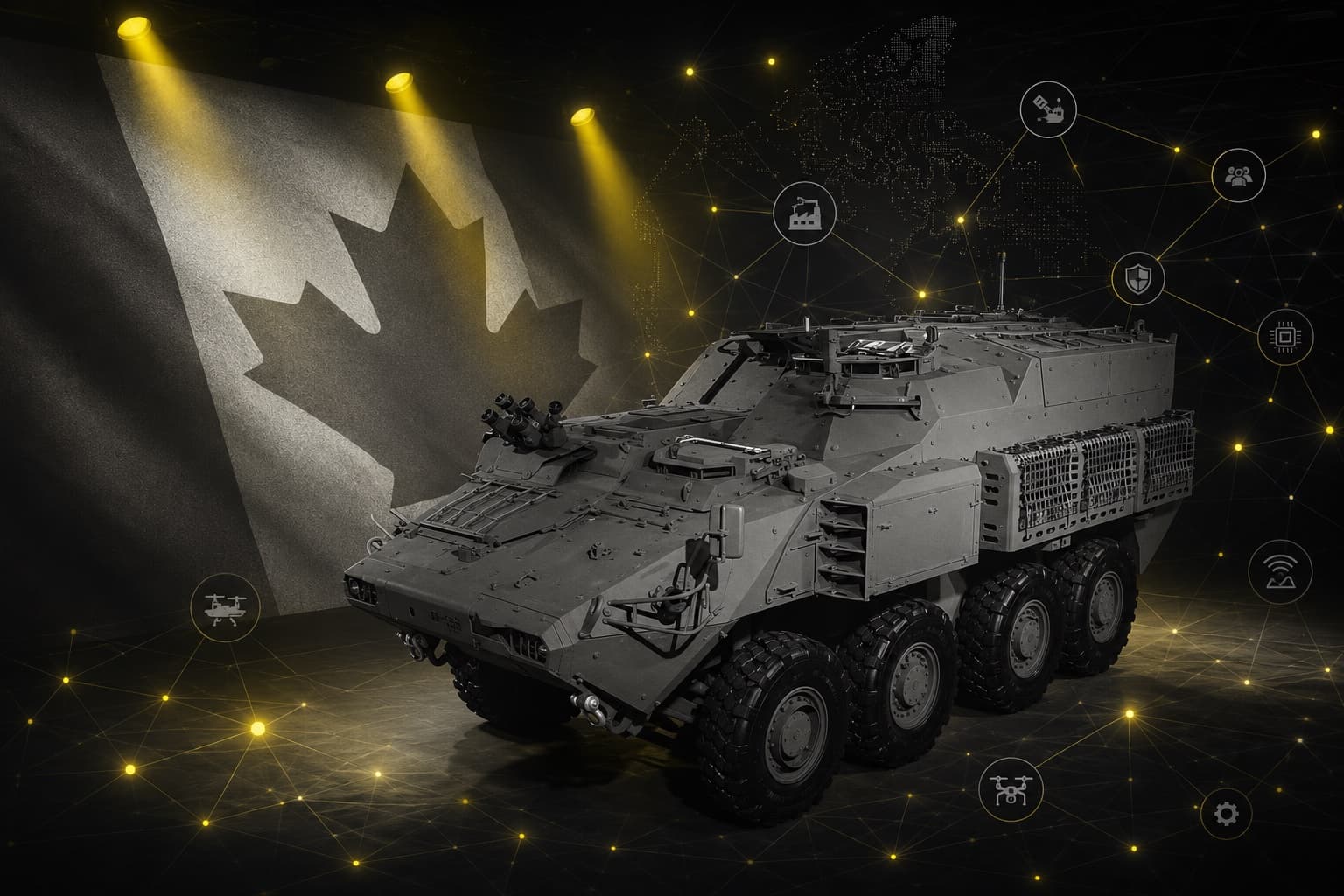 Canadian armoured vehicle surrounded by connected industry, technology, and operational symbols.