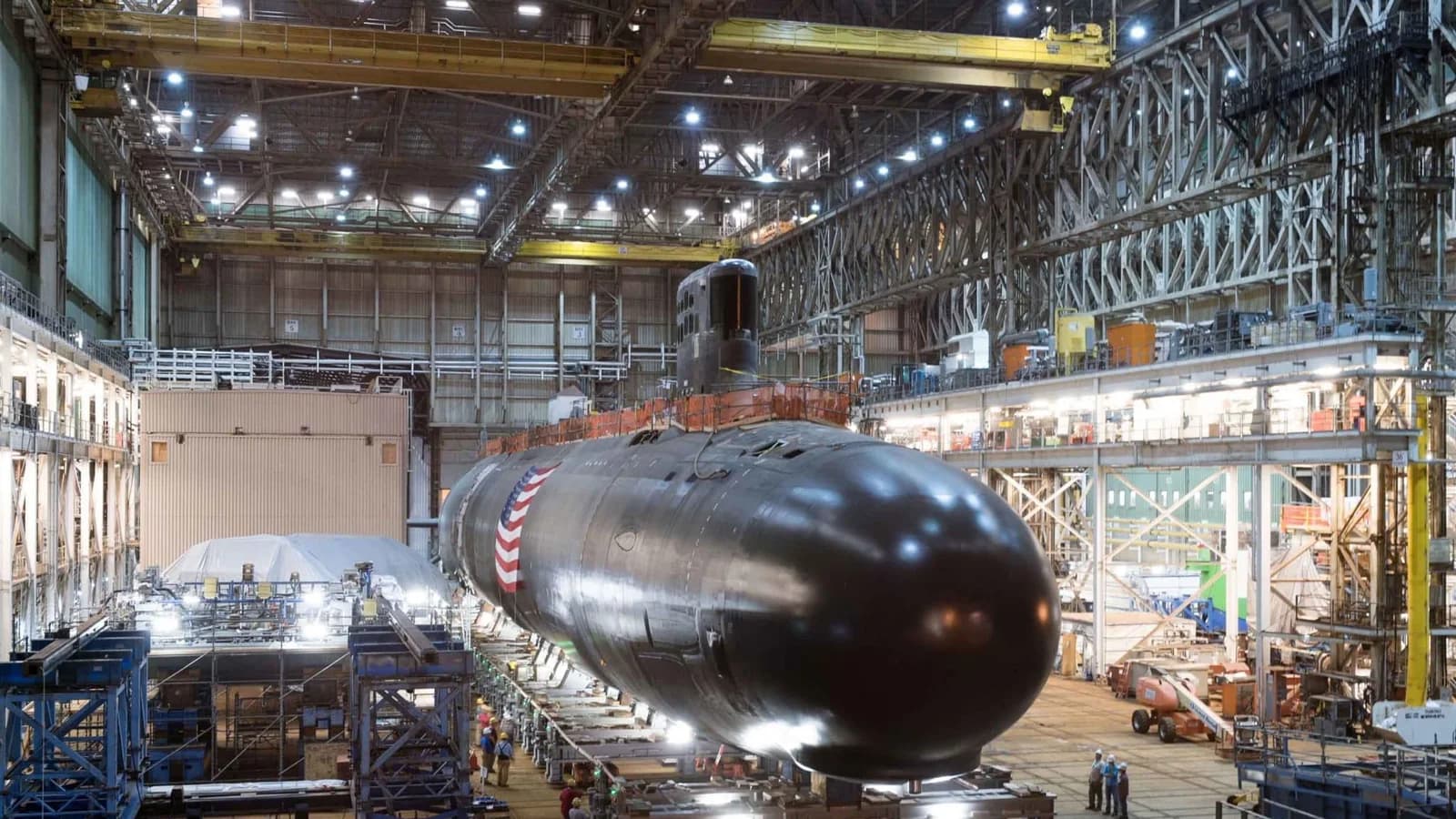 Virginia-class submarine under construction in a shipyard