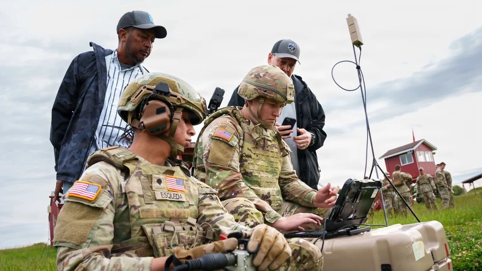 Indiana National Guard soldiers and instructors use a Switchblade 600 control laptop at Camp Atterbury in May 2026