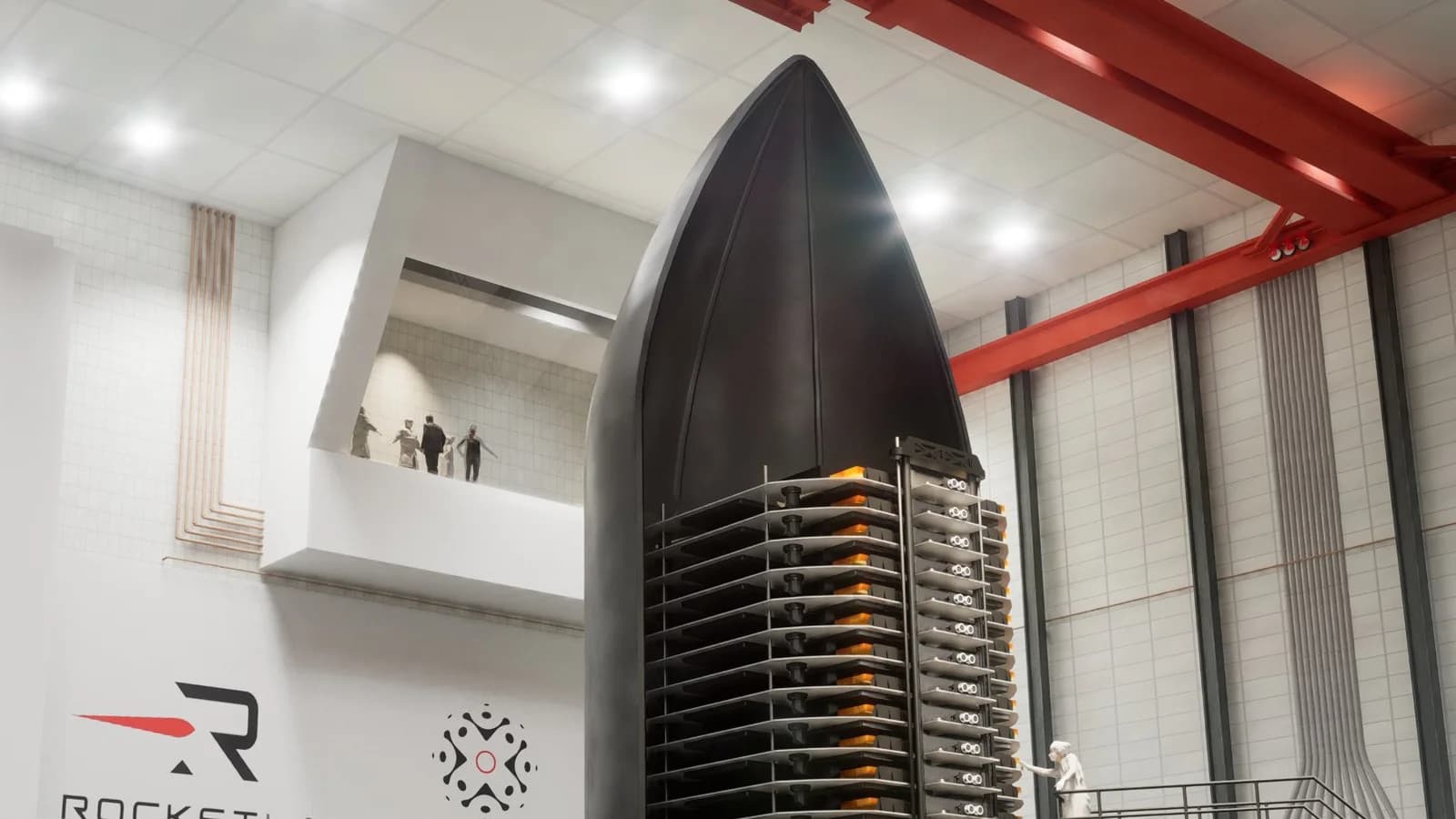 Rendering of an open Rocket Lab Neutron rocket fairing with a stacked satellite payload inside a processing facility