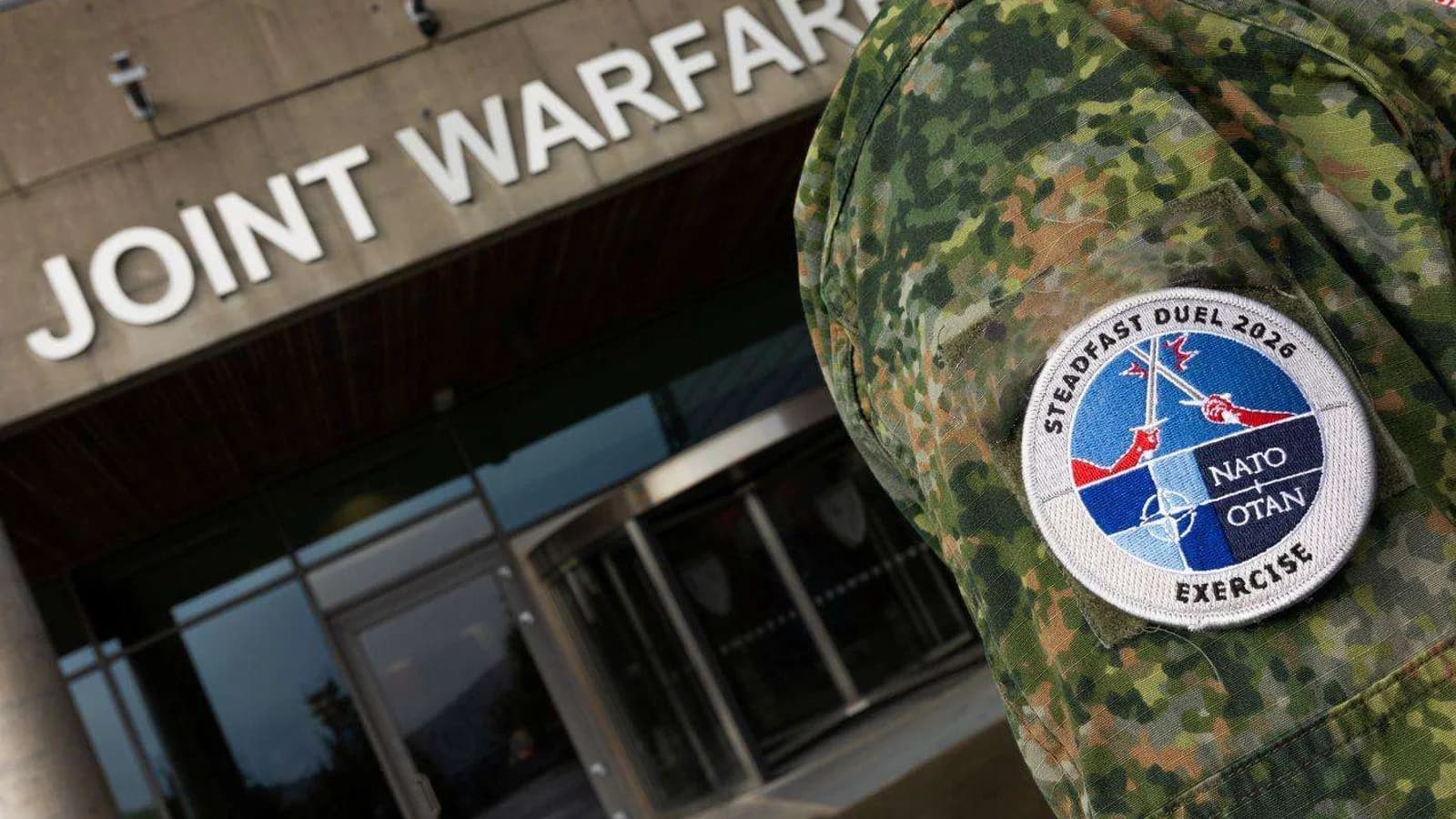 A STEADFAST DUEL 2026 exercise patch outside NATO’s Joint Warfare Centre in Stavanger.