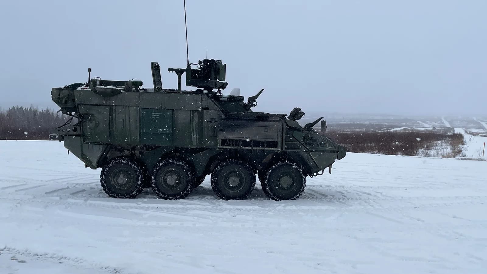 Canadian Armoured Combat Support Vehicle fitted with a KONGSBERG PROTECTOR RS4 on snowy test ground