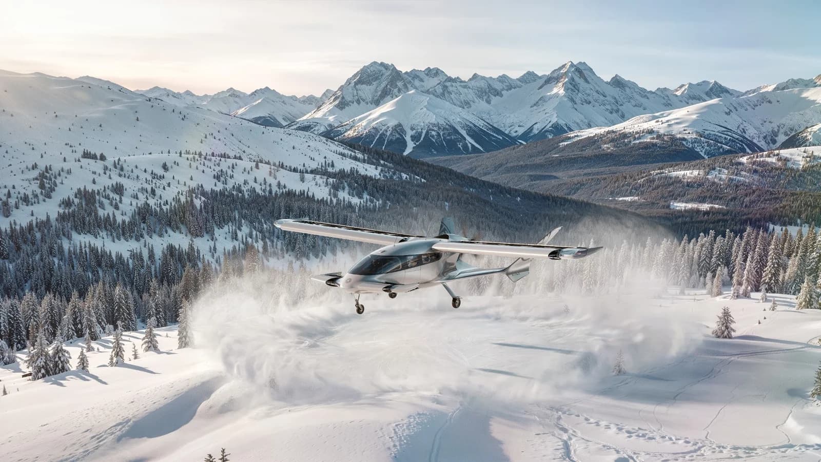 Rendering of the Cavorite X7 hybrid-electric aircraft flying above a snow-covered mountain landscape