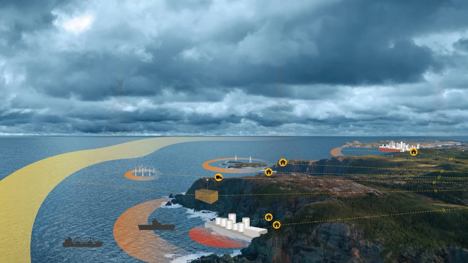Saab illustration of layered underwater surveillance around ports, offshore assets and a coastline