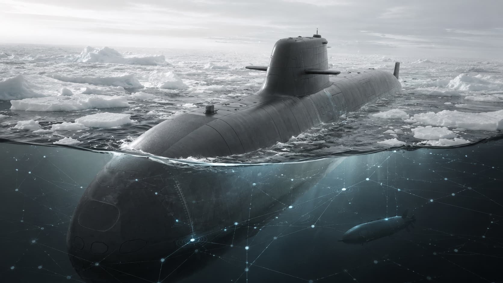 Conceptual submarine operating above and below Arctic sea ice with a blue undersea sensor network.